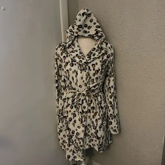 Joe Boxer Hooded Animal Print Robe Tie w/Belt M Sleepwear Cozycore Print College - Picture 1 of 9